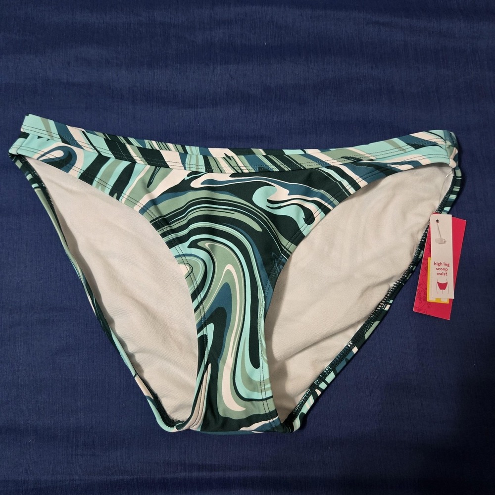 Target Swim Bottom Womens 8-10 Green Geometric High Leg Scoop Waist Bikini Lined
